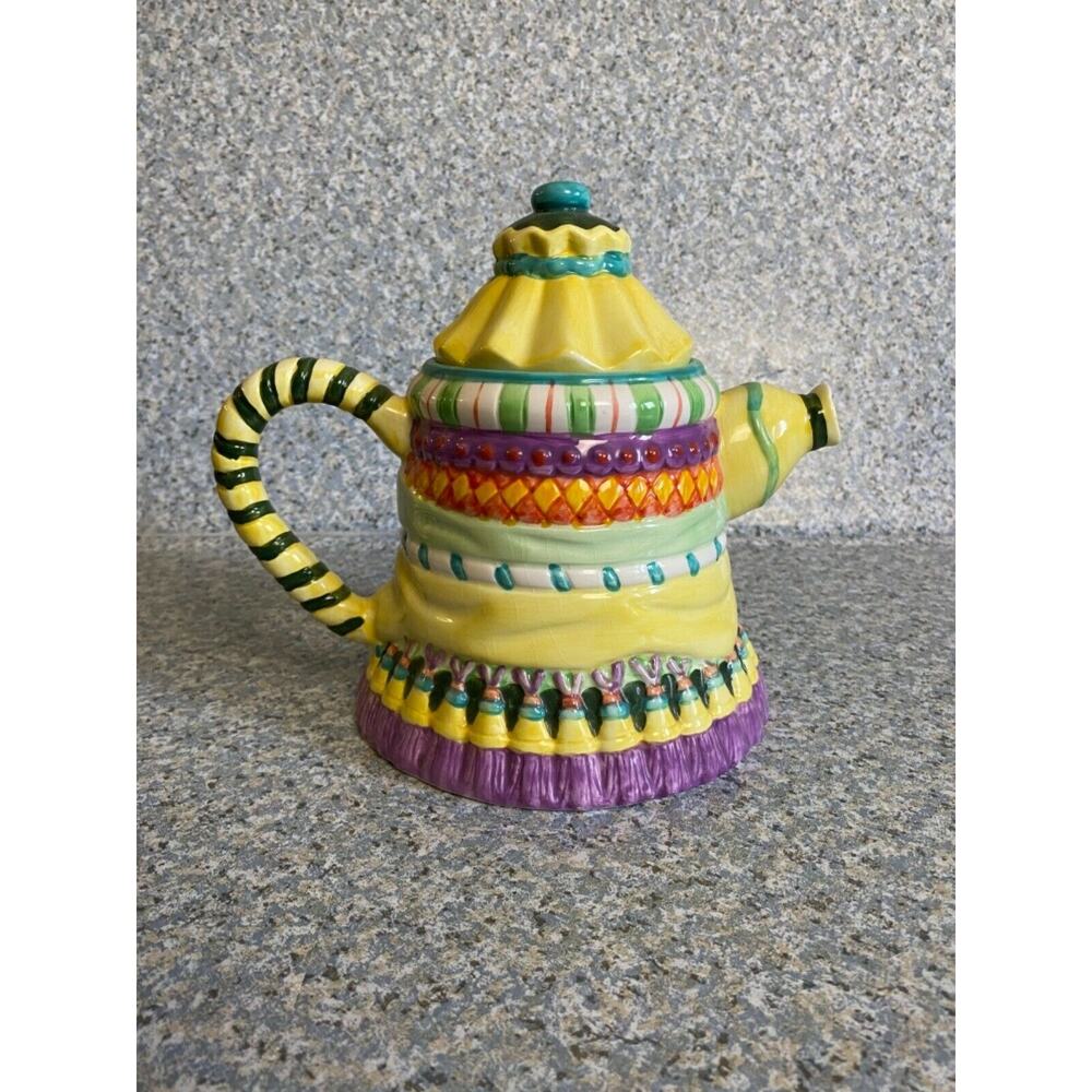 Vintage 1998 CBK LtD. LLC Tassel Fun Colorful Embossed Tea Party Lidded Teapot